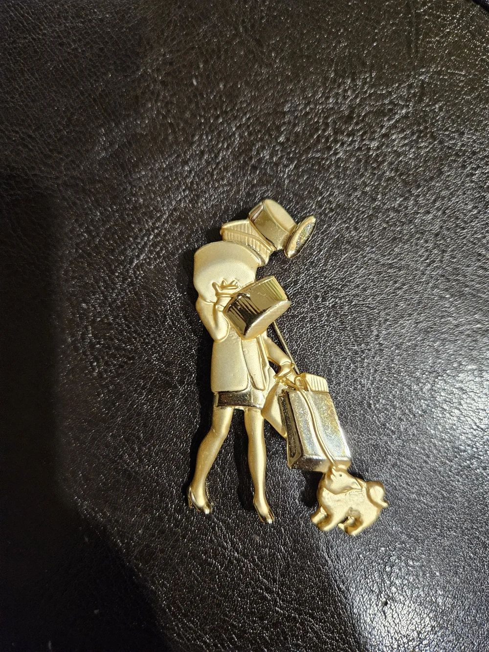Gold-tone Lady with Shopping Bag Brooch